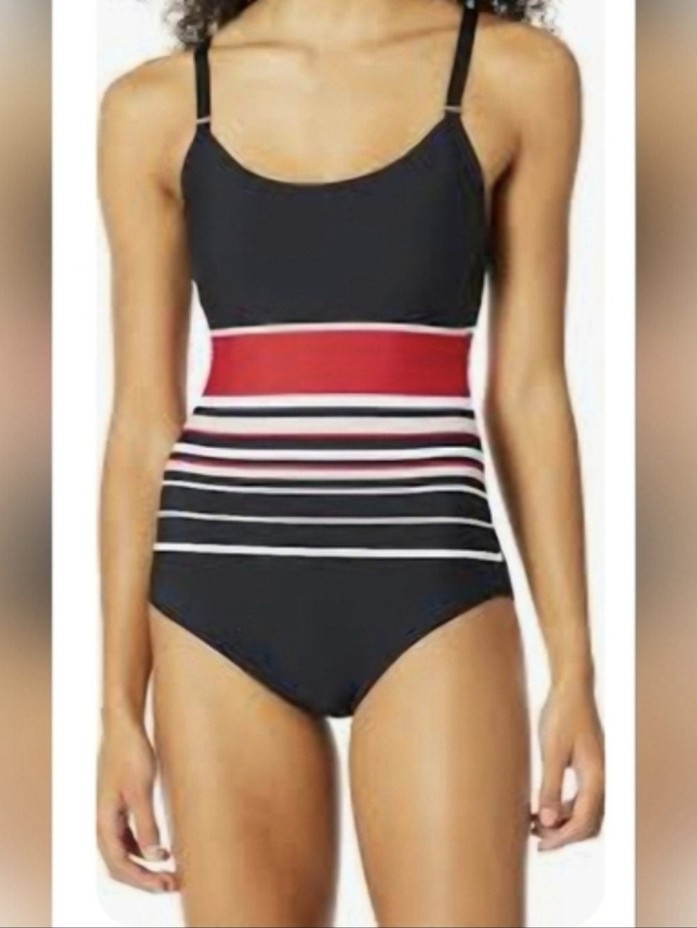 Calvin Klein Black and Red One Piece Swimsuit with Striped Accents..SIZE:6